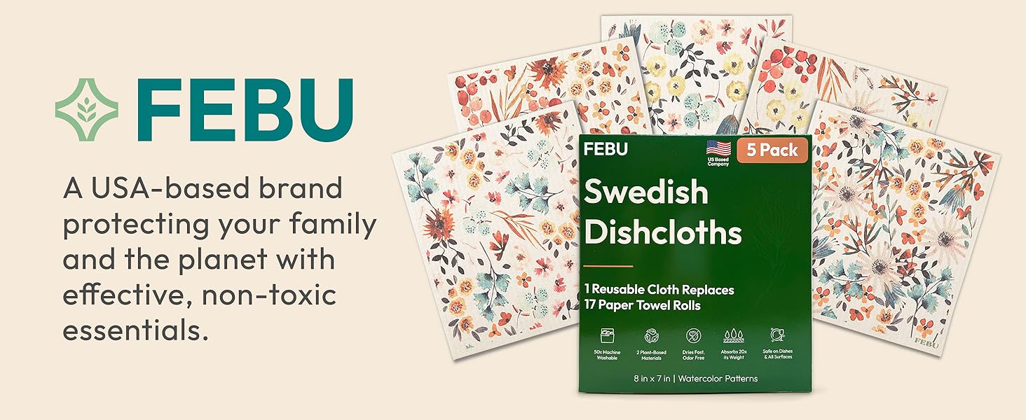 FEBU Swedish Dishcloths for Kitchen | 5 Pack Italian Summer Reusable Paper Towels Washable | Swedish Dish Towels | Non-Scratch Cellulose Sponge Cloths | No Odor, Biodegradable Cleaning Cloths