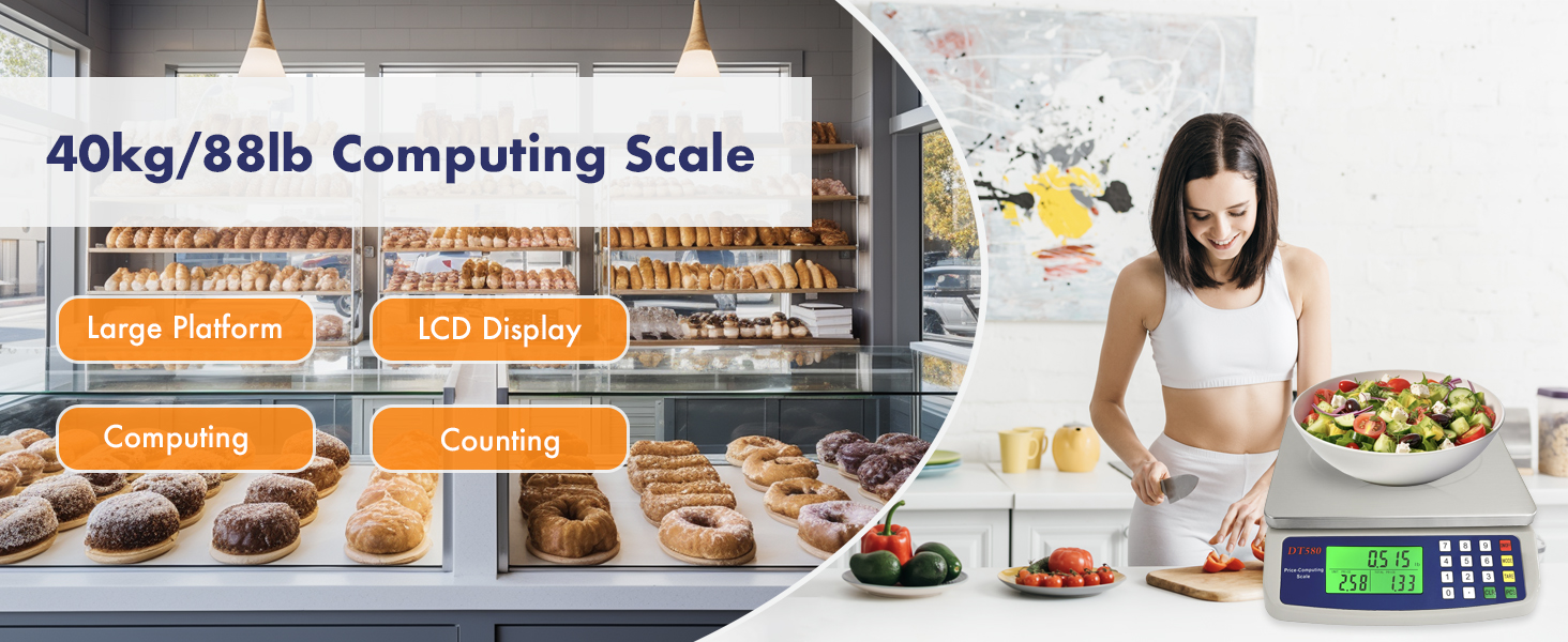Digital Kitchen Scale 40kg/88lb Stainless Steel Price Computing Scale Counting Scale Deli Scale with Large LCD Display for Baking Bread Cooking Meat Prep Parts and Coins Adapter Included