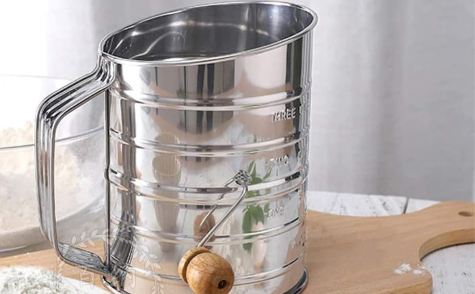 Stainless Steel 3 Cups Flour Sifter for baking | Rotary Hand Crank Powdered sugar shaker and flour duster|