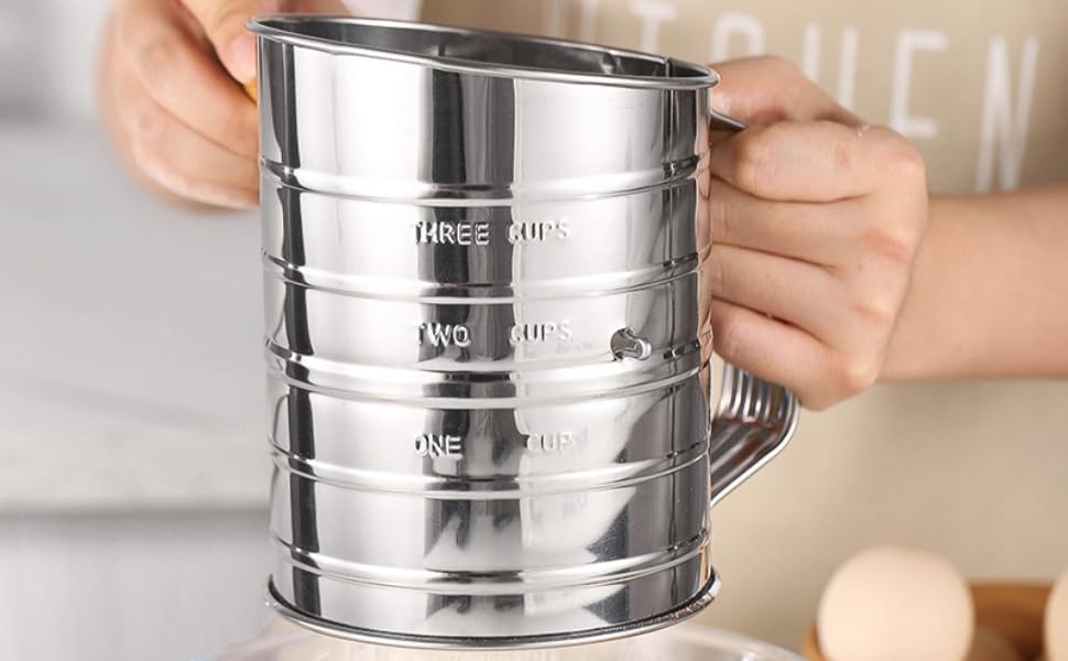 Stainless Steel 3 Cups Flour Sifter for baking | Rotary Hand Crank Powdered sugar shaker and flour duster|