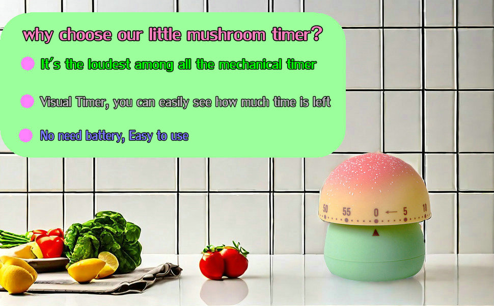 Cute Mushroom Timer for Kids, High Volume Mechanical Kitchen Timer, Wind Up 60 Minutes Manual Countdown Timer for Classroom, Home, Study and Cooking (Green)