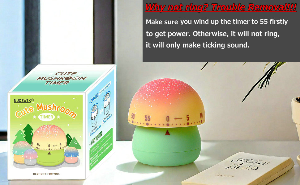 Cute Mushroom Timer for Kids, High Volume Mechanical Kitchen Timer, Wind Up 60 Minutes Manual Countdown Timer for Classroom, Home, Study and Cooking (Green)