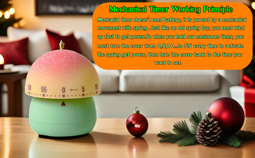 Cute Mushroom Timer for Kids, High Volume Mechanical Kitchen Timer, Wind Up 60 Minutes Manual Countdown Timer for Classroom, Home, Study and Cooking (Green)