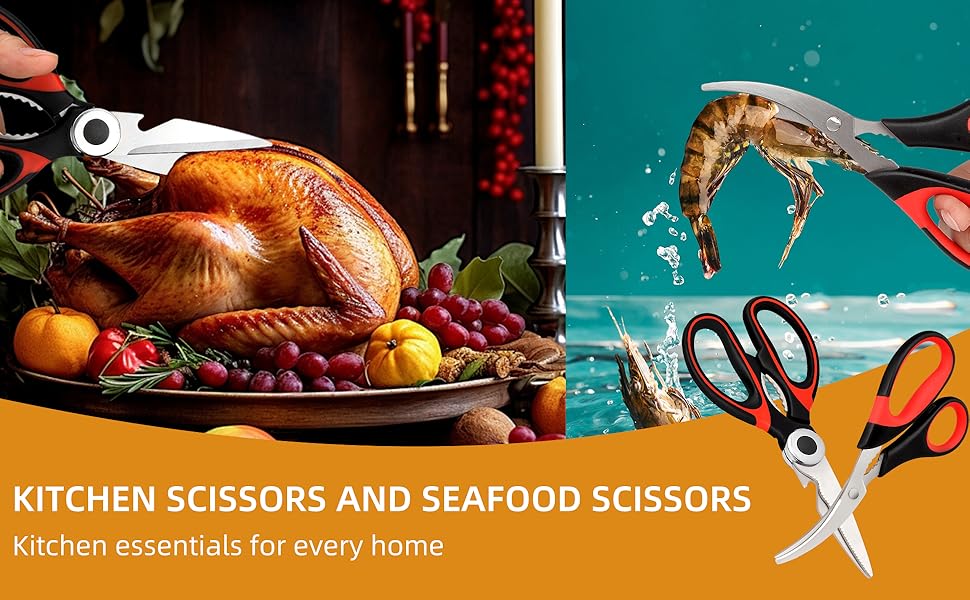 Kitchen Shears Set of 2, Heavy Duty Kitchen Scissors Seafood Scissors, Stainless Steel Sharp Food Cooking Scissors for Meat, Bones, Fish, Poultry, Vegetables, Chicken, Dishwasher Safe