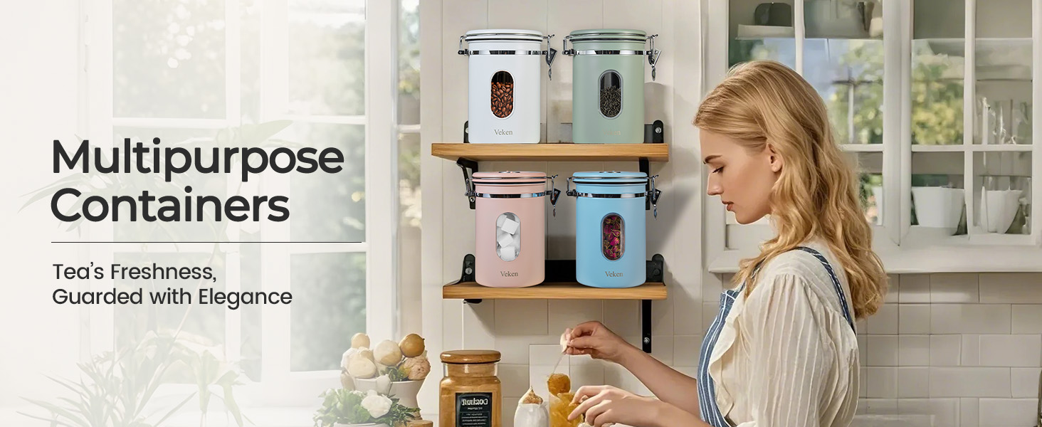 Veken Coffee Canister with Window,Airtight Stainless Steel Kitchen Food Storage Container, Date Tracker & Scoop for Grounds Coffee, Beans, Tea,Flour,Cereal,Sugar,22OZ,Copper