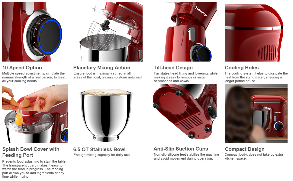 Stand Mixer, 6.5QT 10-Speed Tilt-Head Electric Stand Mixer, 3-In-1 Kitchen Mixer with Bowl, Dough Hook, Whisk and Beater, Food Mixer for Baking, Cake and Most Home Cooks, Red