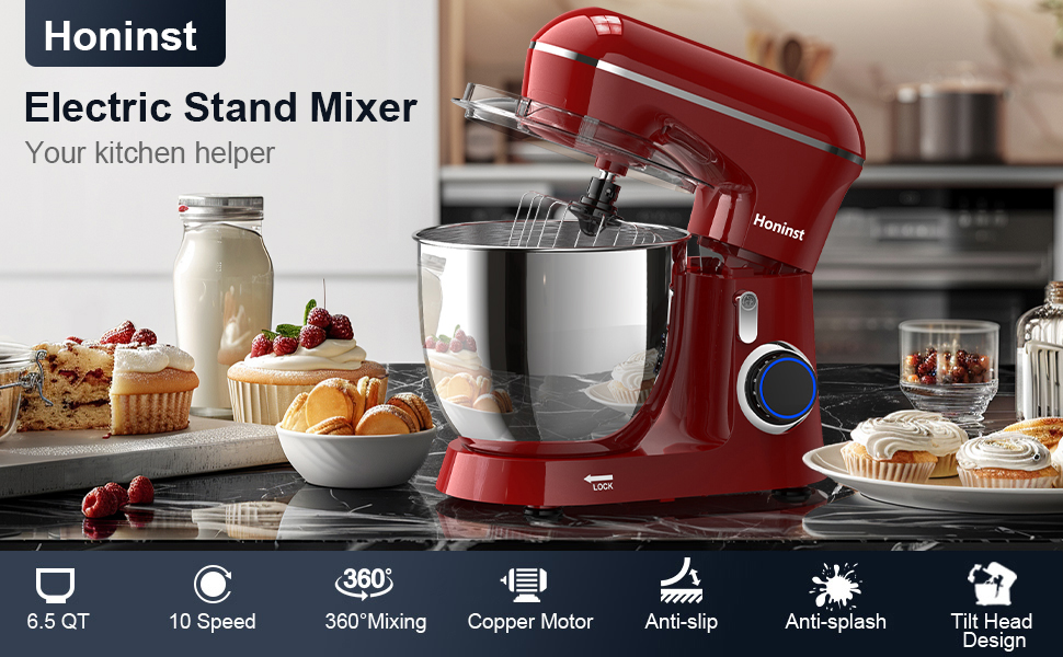Stand Mixer, 6.5QT 10-Speed Tilt-Head Electric Stand Mixer, 3-In-1 Kitchen Mixer with Bowl, Dough Hook, Whisk and Beater, Food Mixer for Baking, Cake and Most Home Cooks, Red