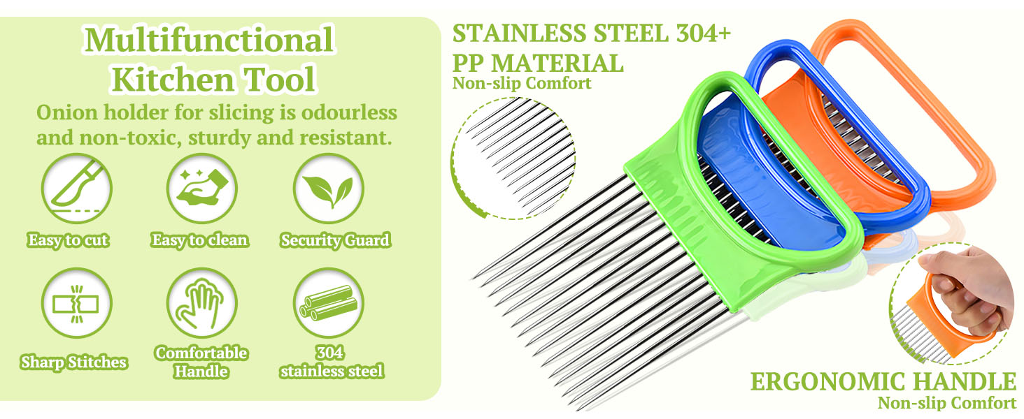 FANTEXY 3Pieces Onion Holder for Slicing, Stainless Steel Onion Cutter for Slicing, Potato Lemon Slicer Tomato Slicers Kitchen Comb for Vegetables, Fruit and Meat