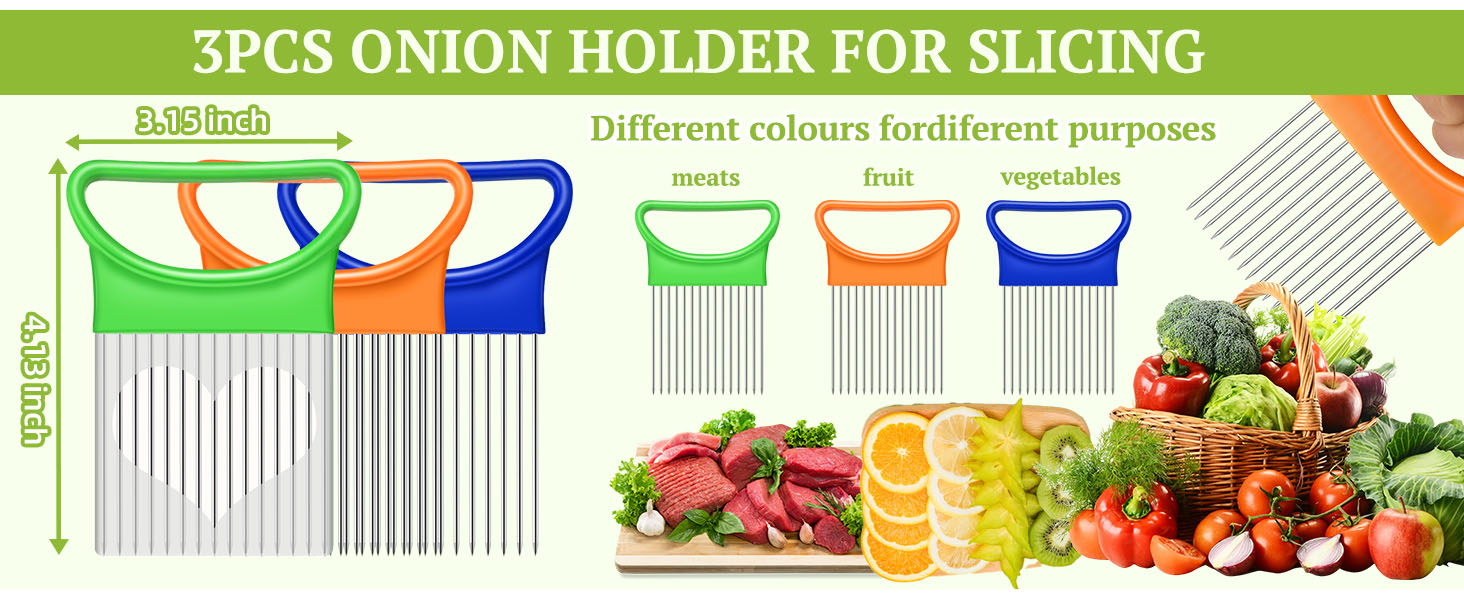 FANTEXY 3Pieces Onion Holder for Slicing, Stainless Steel Onion Cutter for Slicing, Potato Lemon Slicer Tomato Slicers Kitchen Comb for Vegetables, Fruit and Meat