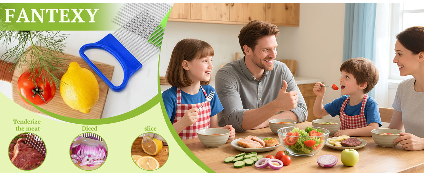 FANTEXY 3Pieces Onion Holder for Slicing, Stainless Steel Onion Cutter for Slicing, Potato Lemon Slicer Tomato Slicers Kitchen Comb for Vegetables, Fruit and Meat