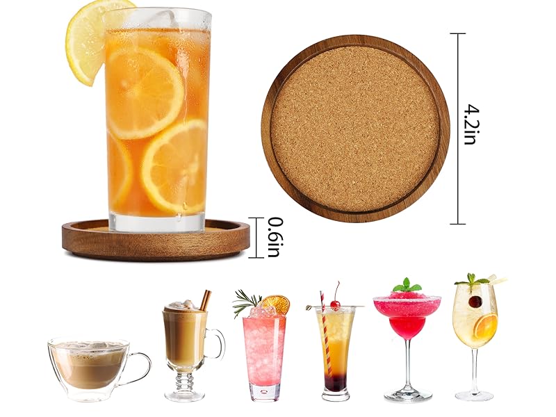 Wooden Drink Coasters Set of 4, Stackable Cup Coaster for Table, 4.2 inch Absorbent Cork Coasters Set for Tabletop Protection, Rustic Glass Coaster for Coffee, Home Decor.