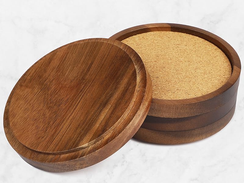Wooden Drink Coasters Set of 4, Stackable Cup Coaster for Table, 4.2 inch Absorbent Cork Coasters Set for Tabletop Protection, Rustic Glass Coaster for Coffee, Home Decor.