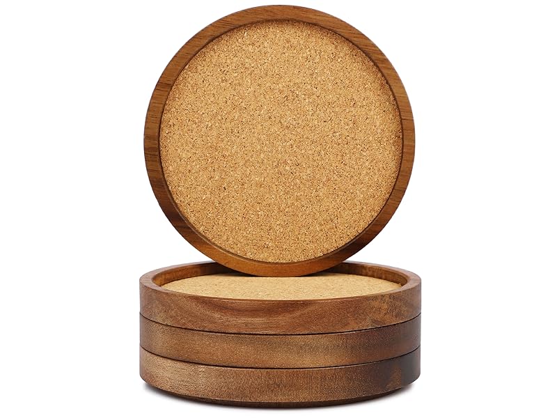 Wooden Drink Coasters Set of 4, Stackable Cup Coaster for Table, 4.2 inch Absorbent Cork Coasters Set for Tabletop Protection, Rustic Glass Coaster for Coffee, Home Decor.