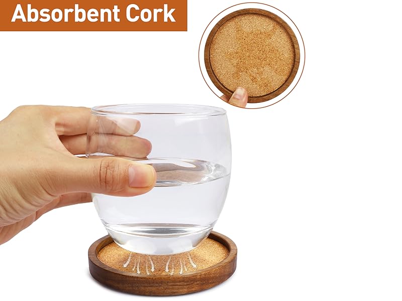 Wooden Drink Coasters Set of 4, Stackable Cup Coaster for Table, 4.2 inch Absorbent Cork Coasters Set for Tabletop Protection, Rustic Glass Coaster for Coffee, Home Decor.