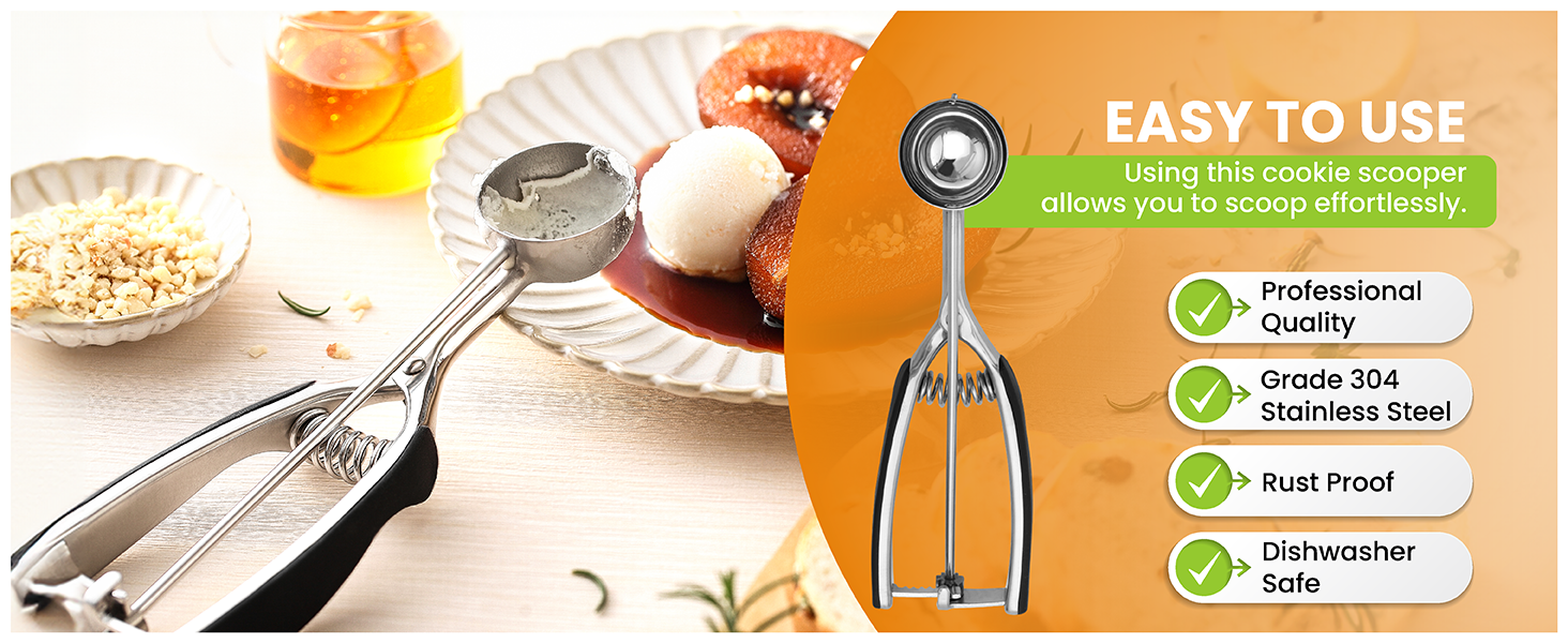 Spring Chef Extra Large Cookie Scoop, 18/8 Stainless Steel Melon Baller Scoop, Spring Loaded Trigger Release for Cookie Dough, Ice Cream, Meatball, Cupcake, 5.5 tablespoon (tbsp) portion, #10, Black