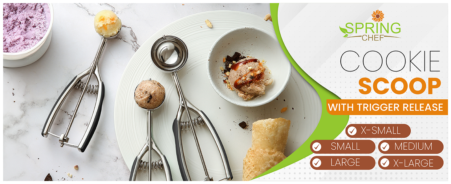 Spring Chef Extra Large Cookie Scoop, 18/8 Stainless Steel Melon Baller Scoop, Spring Loaded Trigger Release for Cookie Dough, Ice Cream, Meatball, Cupcake, 5.5 tablespoon (tbsp) portion, #10, Black