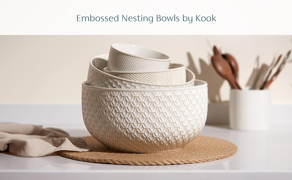 KooK Ceramic Mixing Bowls, Nesting Set of 4, Embossed Kitchen Dishware, Prep, Serving, Gift, Microwave and Dishwasher Safe, 20/44/98/145 oz, Narbonne Collection (Ivory)