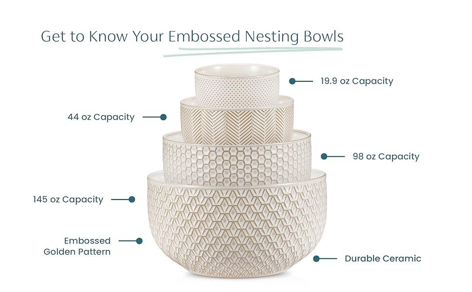 KooK Ceramic Mixing Bowls, Nesting Set of 4, Embossed Kitchen Dishware, Prep, Serving, Gift, Microwave and Dishwasher Safe, 20/44/98/145 oz, Narbonne Collection (Ivory)