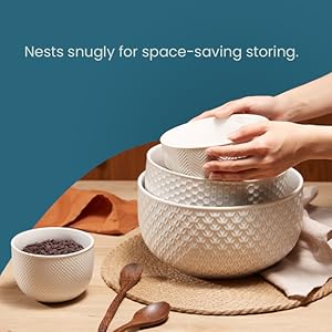 KooK Ceramic Mixing Bowls, Nesting Set of 4, Embossed Kitchen Dishware, Prep, Serving, Gift, Microwave and Dishwasher Safe, 20/44/98/145 oz, Narbonne Collection (Ivory)