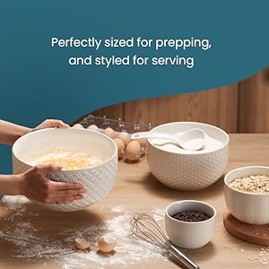 KooK Ceramic Mixing Bowls, Nesting Set of 4, Embossed Kitchen Dishware, Prep, Serving, Gift, Microwave and Dishwasher Safe, 20/44/98/145 oz, Narbonne Collection (Ivory)