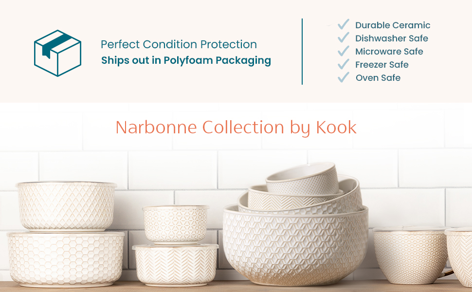 KooK Ceramic Mixing Bowls, Nesting Set of 4, Embossed Kitchen Dishware, Prep, Serving, Gift, Microwave and Dishwasher Safe, 20/44/98/145 oz, Narbonne Collection (Ivory)