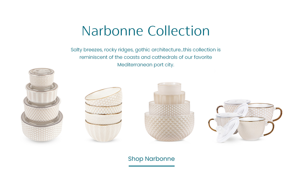 KooK Ceramic Mixing Bowls, Nesting Set of 4, Embossed Kitchen Dishware, Prep, Serving, Gift, Microwave and Dishwasher Safe, 20/44/98/145 oz, Narbonne Collection (Ivory)