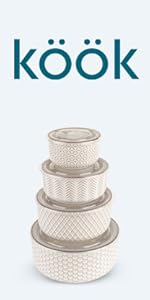 KooK Ceramic Mixing Bowls, Nesting Set of 4, Embossed Kitchen Dishware, Prep, Serving, Gift, Microwave and Dishwasher Safe, 20/44/98/145 oz, Narbonne Collection (Ivory)