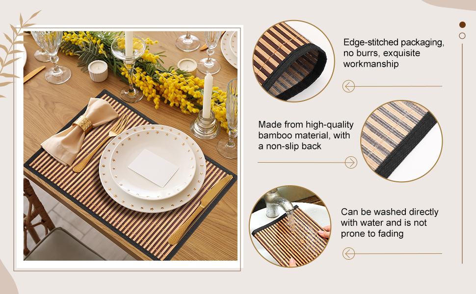 Pickmesh Bamboo Placemats Set of 6, Bamboo Table Mats Set with Fabric Border,18'' x 12'' Woven Placemat, Japanese Style, Washable Heat Resistant Place Mats for Kitchen and Dining Room