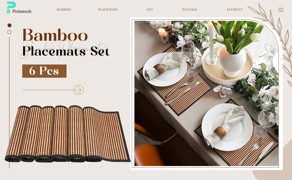 Pickmesh Bamboo Placemats Set of 6, Bamboo Table Mats Set with Fabric Border,18'' x 12'' Woven Placemat, Japanese Style, Washable Heat Resistant Place Mats for Kitchen and Dining Room