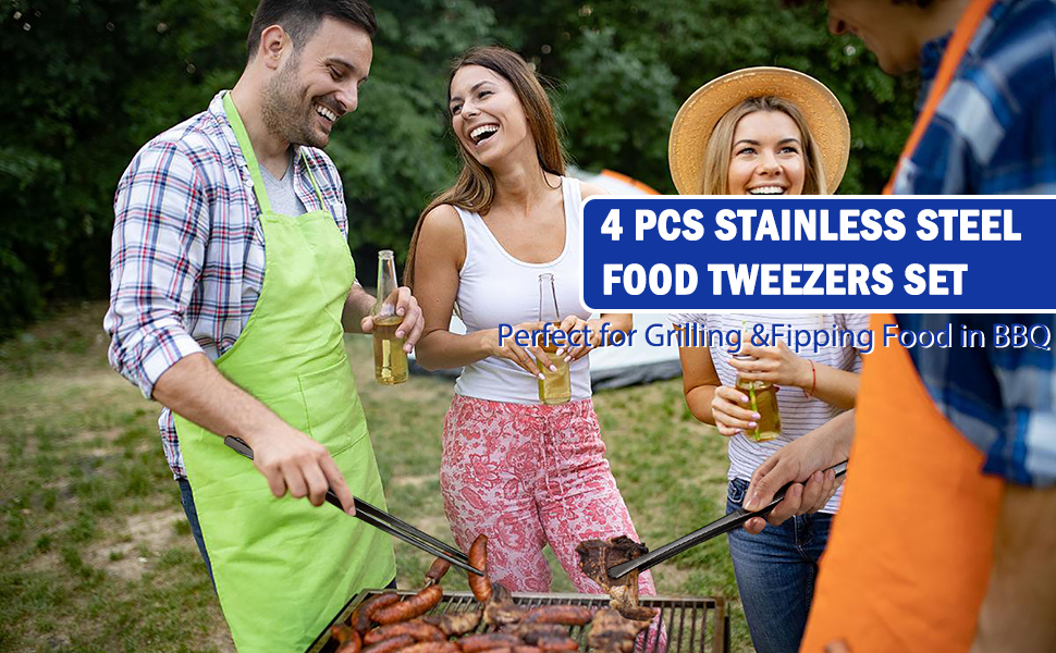 JETKONG 4 Pcs Kitchen Tweezers, 12'' and 10'' Stainless Steel Cooking Tweezers Set, High-Precision Tweezers Tongs for Cooking, Repairing, Seafood and BBQ (Black)