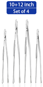 JETKONG 4 Pcs Kitchen Tweezers, 12'' and 10'' Stainless Steel Cooking Tweezers Set, High-Precision Tweezers Tongs for Cooking, Repairing, Seafood and BBQ (Black)