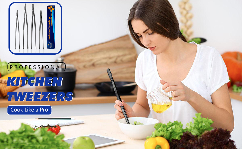 JETKONG 4 Pcs Kitchen Tweezers, 12'' and 10'' Stainless Steel Cooking Tweezers Set, High-Precision Tweezers Tongs for Cooking, Repairing, Seafood and BBQ (Black)