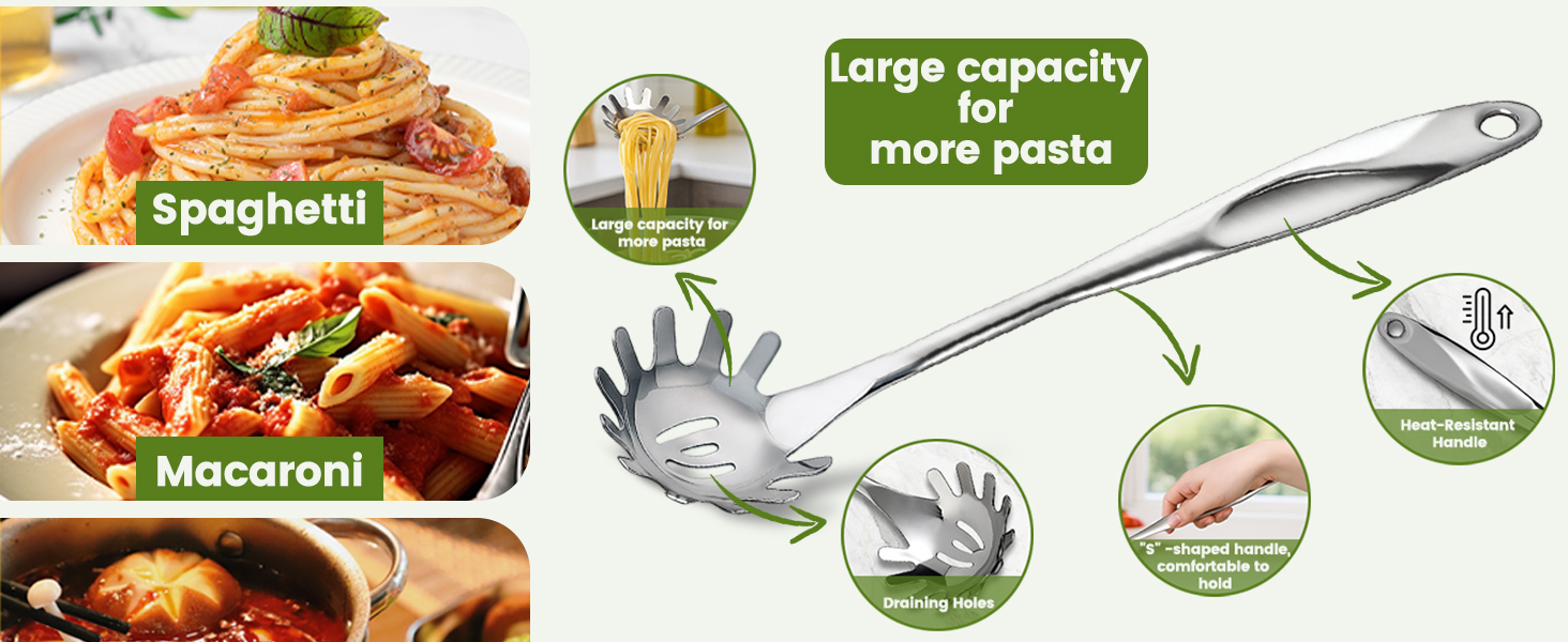 HANSGO Stainless Steel Pasta Server, 13 Inch Spaghetti Fork with Teeth & Drainage Holes - Heat Insulated Handle for Serving Pasta, Stirring Sauces, Tossing Salads & Draining Vegetables