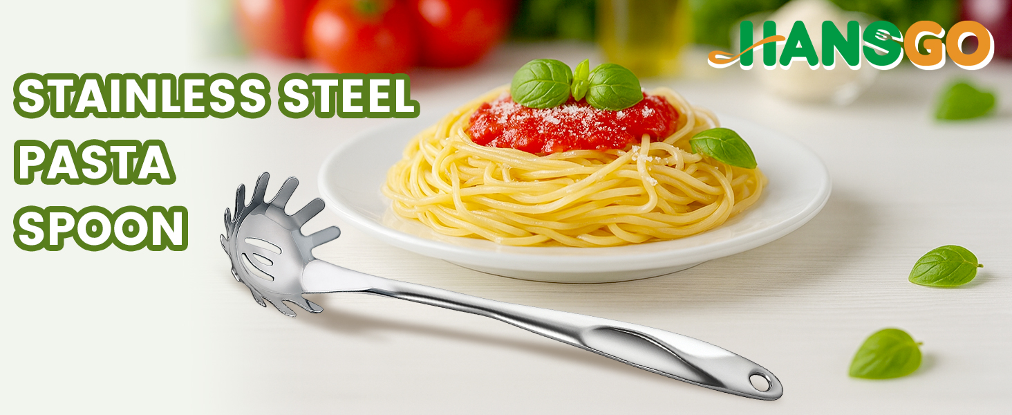 HANSGO Stainless Steel Pasta Server, 13 Inch Spaghetti Fork with Teeth & Drainage Holes - Heat Insulated Handle for Serving Pasta, Stirring Sauces, Tossing Salads & Draining Vegetables