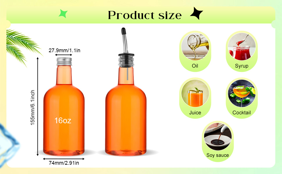 Maxcheck 3 Sets 16 oz Plastic Long Neck Bottles with Pourer and Caps Plastic Juice Pour Bottles with Stainless Steel Bottle Pourer Tapered Spout for Liquor Juice Store Syrup