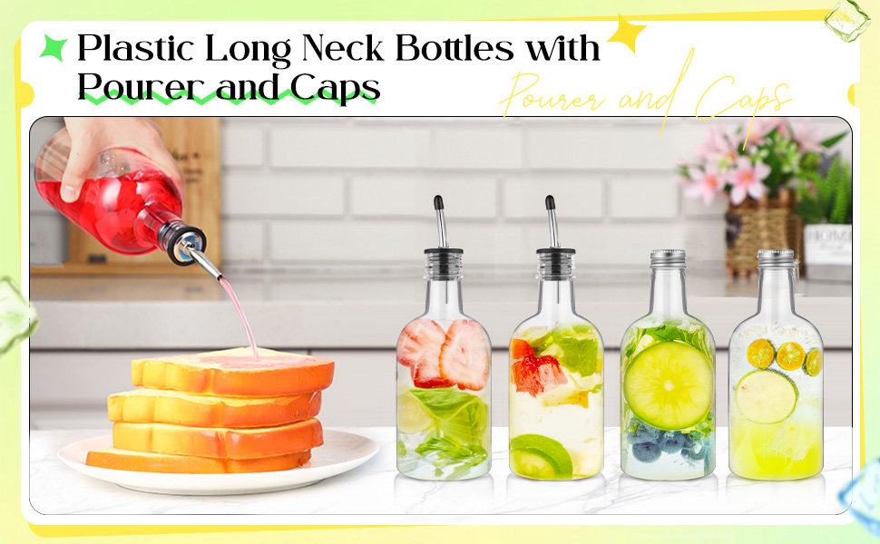 Maxcheck 3 Sets 16 oz Plastic Long Neck Bottles with Pourer and Caps Plastic Juice Pour Bottles with Stainless Steel Bottle Pourer Tapered Spout for Liquor Juice Store Syrup