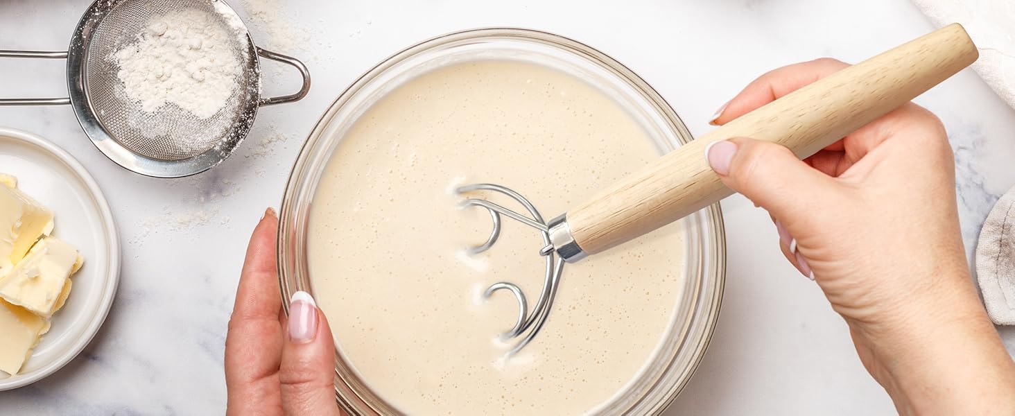 ALLTOP Danish Dough Whisk - Ultimate Dutch Mixer Hand Utensil with Stainless Steel Dough Hook - Essential Sourdough Stirring Stick for Perfect Bread Making Tool