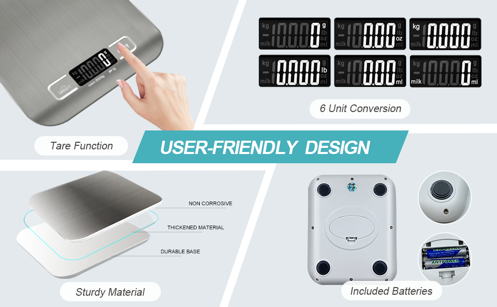 Food Scale, 11lb Kitchen Scale with 6 Units Tare Function & LCD Display, 0.05oz/1g Stainless Steel Digital Food Scale Grams and Ounces for Baking, Cooking, Dieting and Meal Prep (Batteries Included)