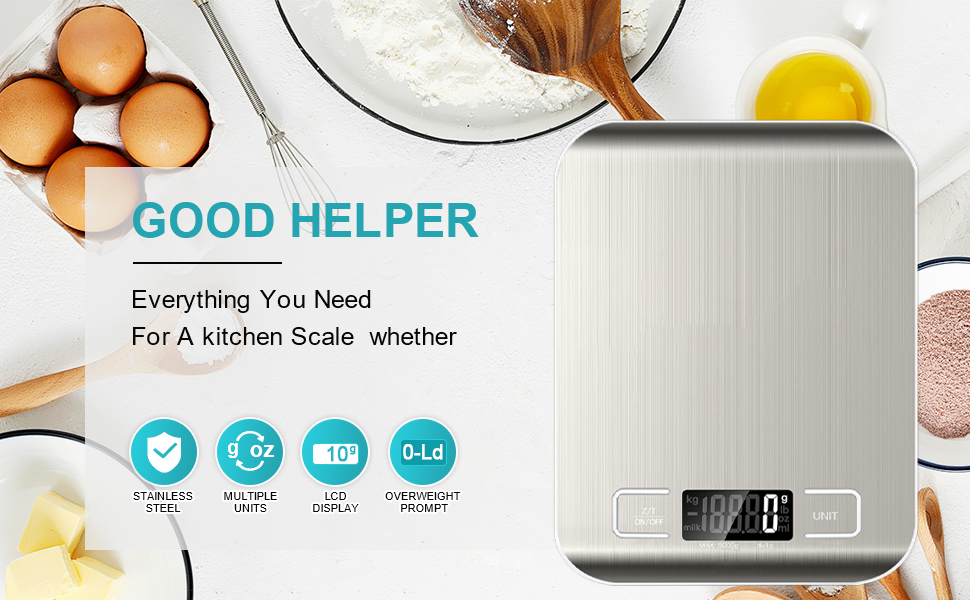 Food Scale, 11lb Kitchen Scale with 6 Units Tare Function & LCD Display, 0.05oz/1g Stainless Steel Digital Food Scale Grams and Ounces for Baking, Cooking, Dieting and Meal Prep (Batteries Included)