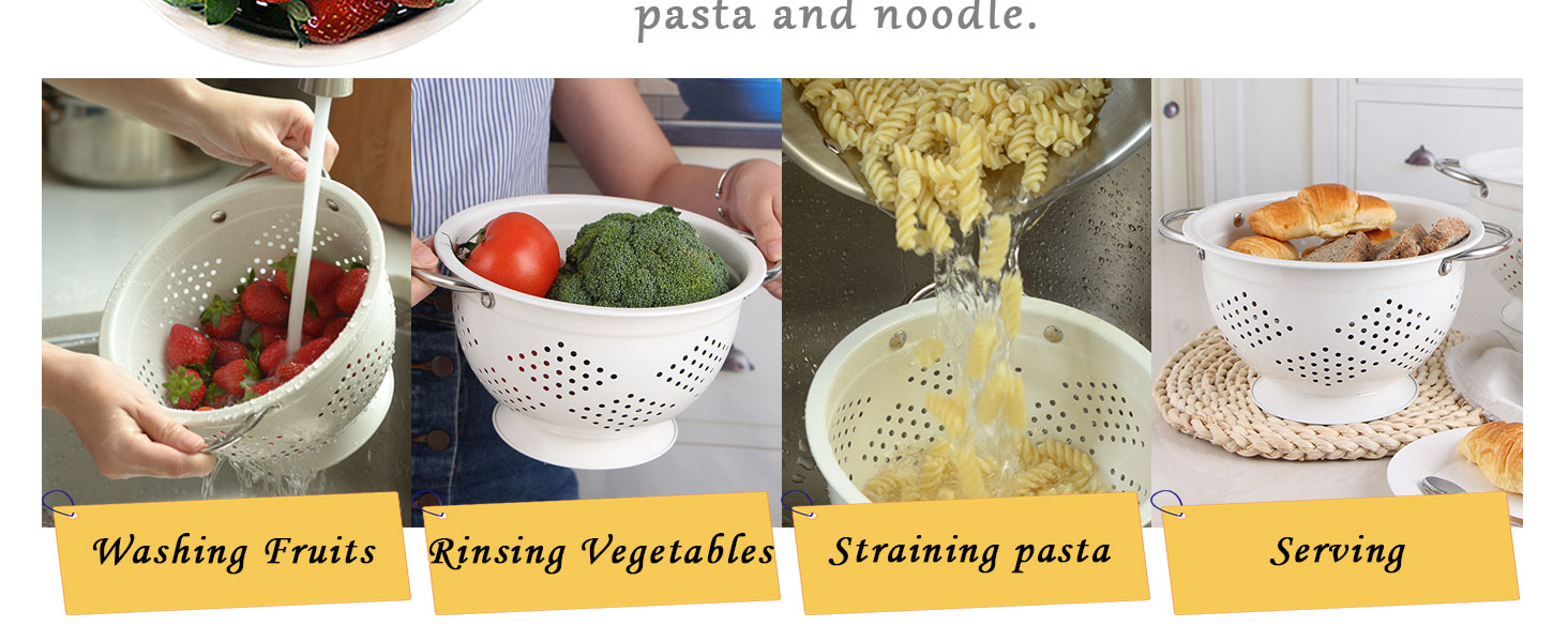 Rorence Powder Coated Steel Colanders: 3 Quart and 5 Quart Set of 2 - White