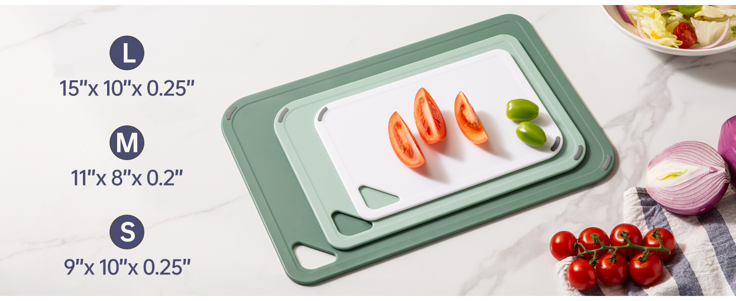 Plastic Cutting Board Set of 3-Cutting Boards for Kitchen BPA Free, Large-Small Chopping Boards Non-Slip for Cooking Camping Dishwasher Safe, Reversible, with Grip Handle, 15"×10"×0.6" Green