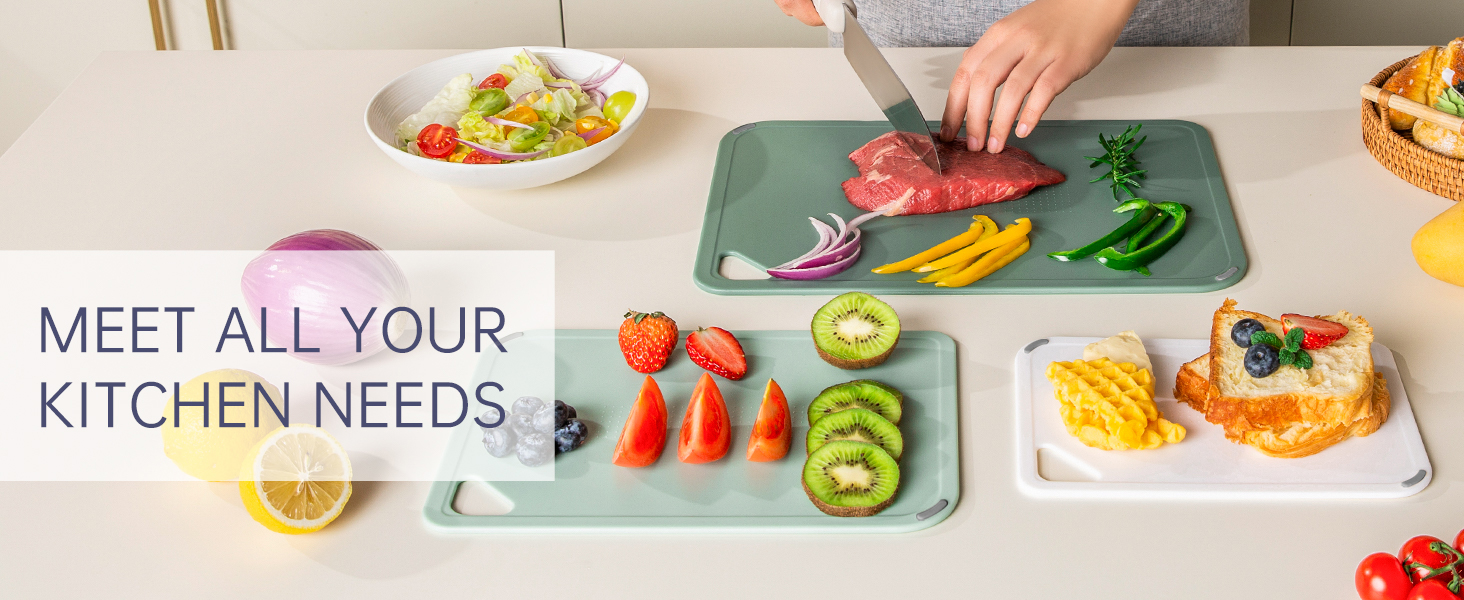 Plastic Cutting Board Set of 3-Cutting Boards for Kitchen BPA Free, Large-Small Chopping Boards Non-Slip for Cooking Camping Dishwasher Safe, Reversible, with Grip Handle, 15"×10"×0.6" Green