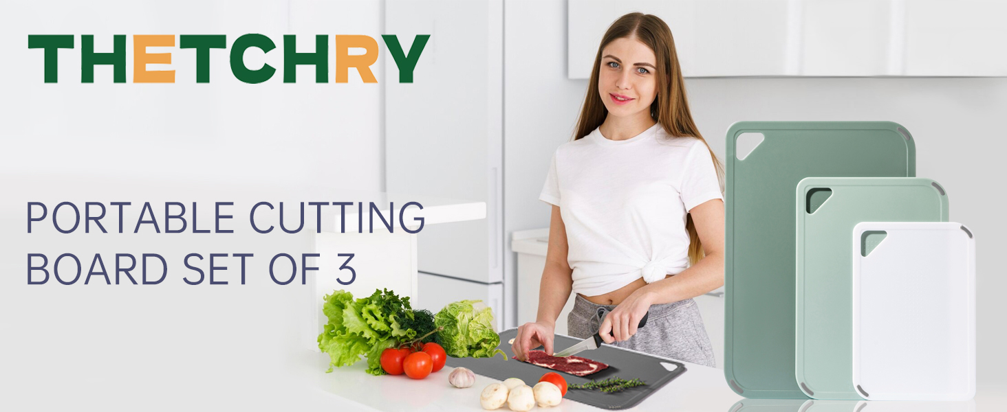 Plastic Cutting Board Set of 3-Cutting Boards for Kitchen BPA Free, Large-Small Chopping Boards Non-Slip for Cooking Camping Dishwasher Safe, Reversible, with Grip Handle, 15"×10"×0.6" Green