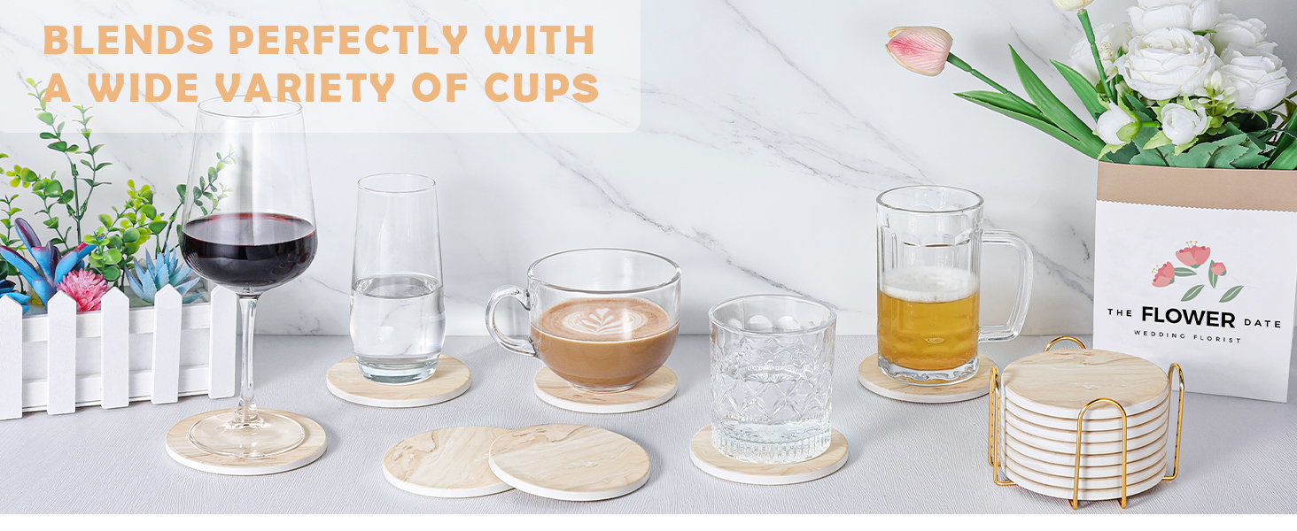 GOH DODD Coasters for Drinks Set of 4, Absorbent Marble Style Ceramic Coaster Cup Coasters Tabletop Protection Home Decor with Metal Holder for Housewarming Gifts Wedding Party, Gold, Round, 4 Inch