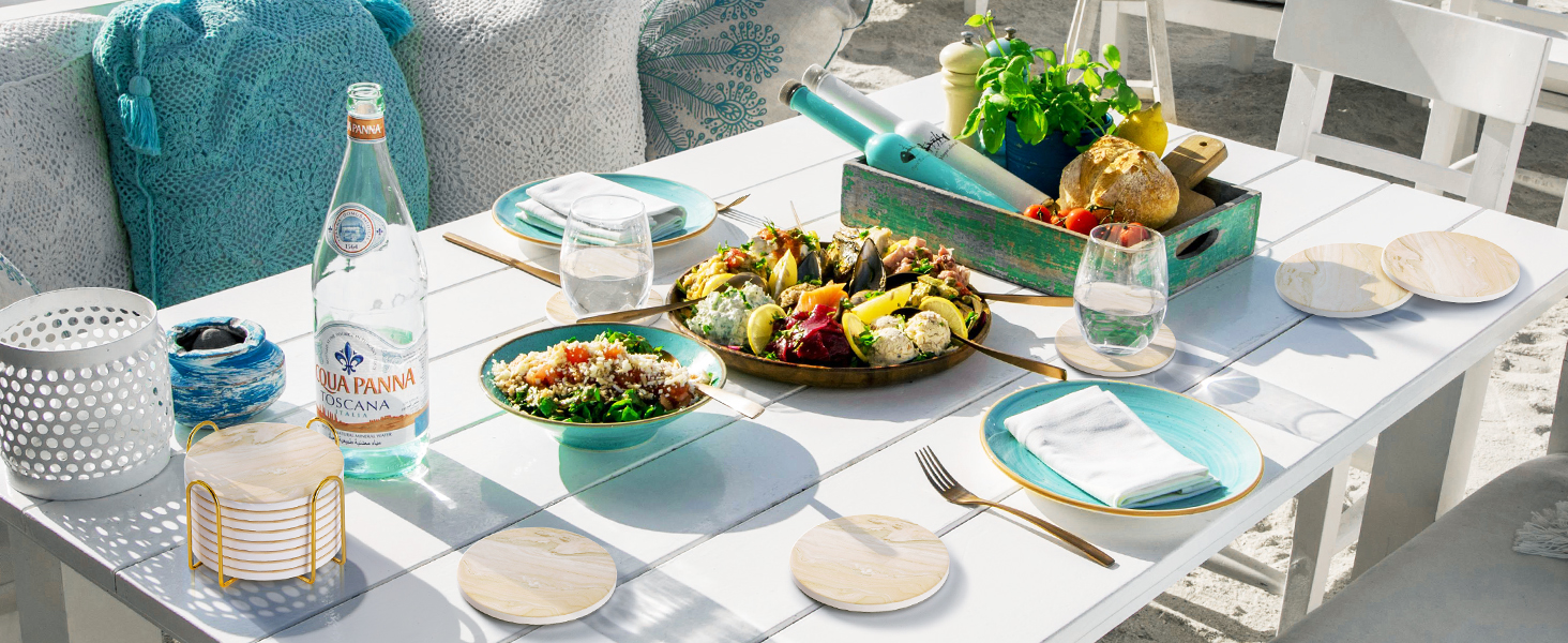 GOH DODD Coasters for Drinks Set of 4, Absorbent Marble Style Ceramic Coaster Cup Coasters Tabletop Protection Home Decor with Metal Holder for Housewarming Gifts Wedding Party, Gold, Round, 4 Inch