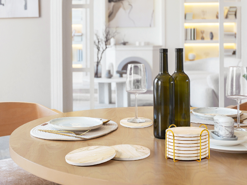 GOH DODD Coasters for Drinks Set of 4, Absorbent Marble Style Ceramic Coaster Cup Coasters Tabletop Protection Home Decor with Metal Holder for Housewarming Gifts Wedding Party, Gold, Round, 4 Inch