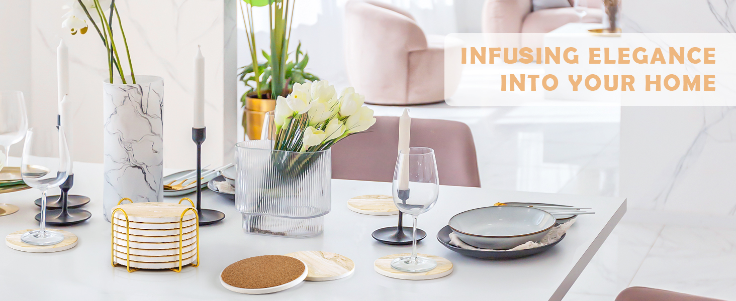 GOH DODD Coasters for Drinks Set of 4, Absorbent Marble Style Ceramic Coaster Cup Coasters Tabletop Protection Home Decor with Metal Holder for Housewarming Gifts Wedding Party, Gold, Round, 4 Inch