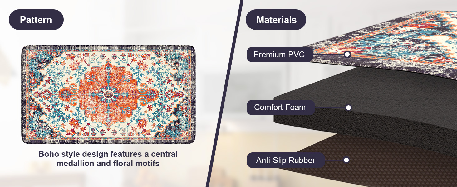 KIMODE Anti Fatigue Kitchen Mat, Boho Vintage Kitchen Rugs Sets of 2, Cushioned Non-Slip Kitchen Mats for Floor, Comfort Kitchen Floor Mats for Sink, Laundry, Desk Orange/Purple,17