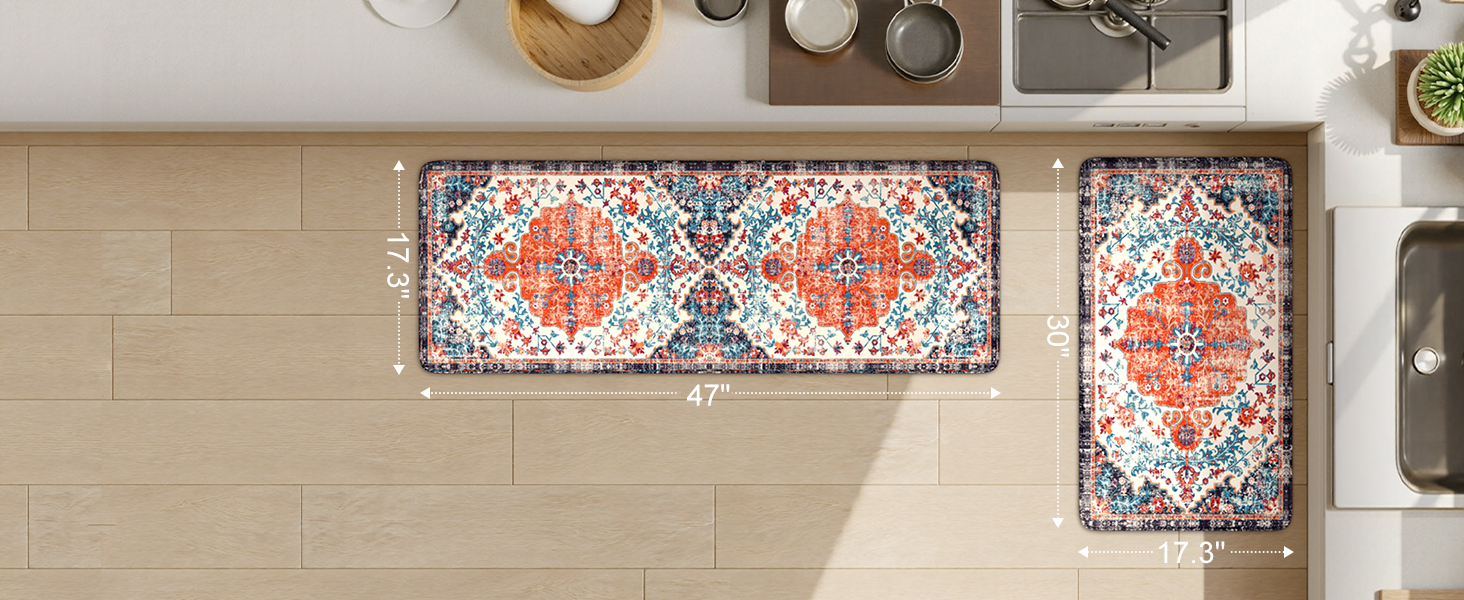 KIMODE Anti Fatigue Kitchen Mat, Boho Vintage Kitchen Rugs Sets of 2, Cushioned Non-Slip Kitchen Mats for Floor, Comfort Kitchen Floor Mats for Sink, Laundry, Desk Orange/Purple,17