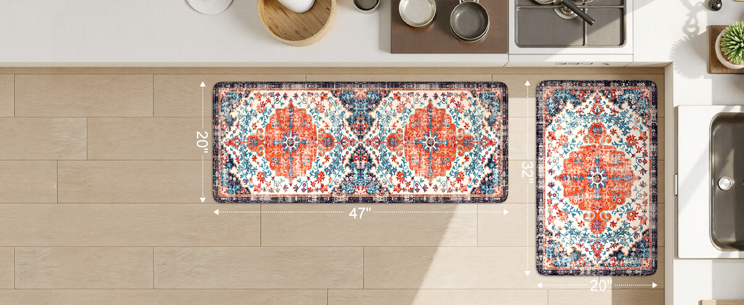 KIMODE Anti Fatigue Kitchen Mat, Boho Vintage Kitchen Rugs Sets of 2, Cushioned Non-Slip Kitchen Mats for Floor, Comfort Kitchen Floor Mats for Sink, Laundry, Desk Orange/Purple,17